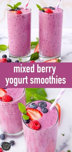 three glasses filled with mixed berry yogurt smoothies