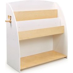 a white wooden shelf with two shelves on each side