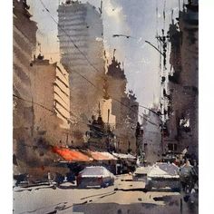 watercolor painting of city street scene with buildings