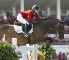 a woman riding on the back of a brown horse over an obstacle in front of a crowd