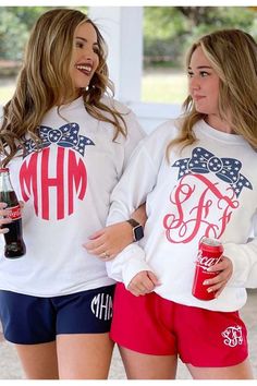 Show off your patriotism and look cute at the same time! These monogrammed patriotic bow tees pair perfectly with our monogrammed wayfarer shorts. White Crew Neck Sweatshirt For 4th Of July, Patriotic White Cotton Sweatshirt, Cotton Tops With Custom Print For 4th Of July, 4th Of July Cotton Tops With Custom Print, White Long Sleeve T-shirt For 4th Of July, Fall Patriotic Crew Neck T-shirt, Patriotic Crew Neck T-shirt For Fall, Patriotic Cotton Top With Custom Print, 4th Of July Cotton Crew Neck Sweatshirt