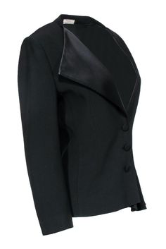 Elevate the classic blazer with this jacket from Bouchra Jarrar! An asymmetrical neckline and flounce add edge to this timeless piece. Perfect for bringing a unique twist to your professional style. Pair with slacks and pumps and you'll be best dressed at the office. Size 12 (EU 42) Shell: 55% Viscose, 45% Acetate Lining: 100% Silk Front button up closure Clasp at neckline Lined Flounce on left side of hem Asymmetrical neckline Shoulder padding Shoulder to shoulder 17" Bust 40" Waist 34" Sleeve Tailored Asymmetrical Blazer For Parties, Elegant Asymmetrical Blazer For Party, Elegant Asymmetrical Blazer For Business, Elegant Asymmetrical Blazer For Spring, Elegant Asymmetrical Spring Blazer, Elegant Asymmetrical Evening Blazer, Elegant Asymmetrical Outerwear For Business, Asymmetrical Blazer For Spring Formal, Asymmetrical Spring Formal Blazer