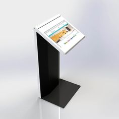 a white and black stand with a computer screen on it's side, in front of a plain background