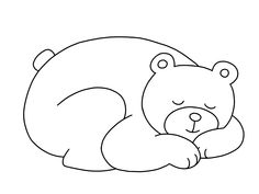 a black and white drawing of a bear sleeping on the ground with its head resting on his paws