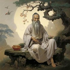 an old man with a long white beard sitting on a rock in front of a tree