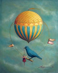 a painting of a blue bird on a hot air balloon being lifted by a person