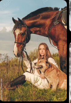 a woman sitting in the grass with two dogs and a horse next to her,