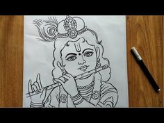 a drawing of a woman holding a flute on top of a piece of white paper