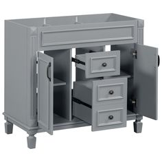 a gray cabinet with two drawers and one door open