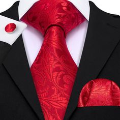 Barry Wang Strong Red Floral Silk Men's Tie Handkerchief Cufflinks Set Necktie Pattern, Champagne Shirt, Wedding Vest, Purple Bow Tie, Bowtie Pattern, Uniform School, Blue Necktie, Burgundy Shirt, Prom Gift