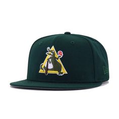 a green hat with an image of a cartoon character on the front and side of it