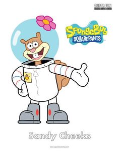 the cartoon character sandy cheeks is holding a flower in his hand and pointing at it