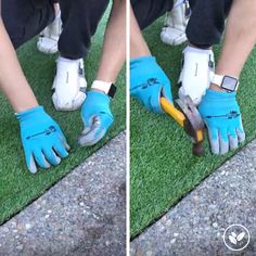 two pictures of someone wearing blue gloves and holding a pair of wrenches in their hands