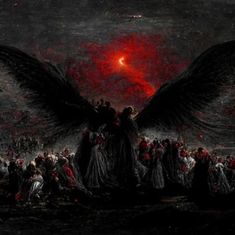 an image of a painting with black wings and red light in the sky behind it