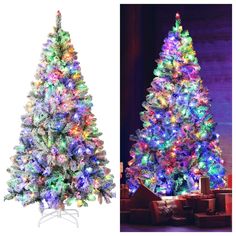 a christmas tree with multicolored lights next to an image of a decorated christmas tree