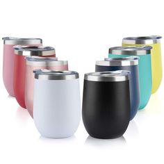 thermos cups are lined up in different colors