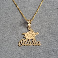 * Personalized Engravable Sea Turtle Pendant Necklace With Your NAME * Available in 10k or 14k Solid Yellow, White or Rose Gold, and .925 Sterling Silver * Pendant Only Available or Pendant with a chain is available. * Rolo Chains are available in 16", 18", 20" or 22" Inch Chains. Chain Metal is corresponding to the Metal of the pendant. - Example: If you order a 14k yellow gold pendant, the chain will be 14k Yellow gold, if you order a Sterling Silver Pendant, the chain will be Sterling Silver. Certified 14k Gold Jewelry Keepsake, Collectible Rose Gold Jewelry With Polished Finish, Personalized 14k Gold Keepsake Jewelry, Gold Nameplate Keepsake Jewelry, Fine Jewelry Sterling Silver Charm Necklace Stamped 14k, Custom Yellow Gold Necklace With Polished Finish For Gift, Custom Yellow Gold Necklace With Polished Finish As Gift, Gold Nameplate Jewelry For Keepsake, Personalized 14k Gold Jewelry For Keepsake