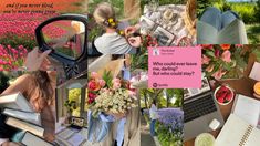 a collage of photos with flowers, books and laptops