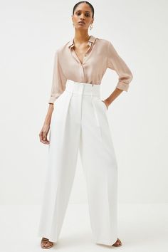 Look Chic As You Pound City Streets In These Office-Appropriate Trousers. Spun From Our Rich Compact Stretch Fabric, They Show Off A Wide-Leg Silhouette And Sophisticated Notched Detailing At The Waistline. Wear Them With Our Matching Waistcoat And Jacket For A Considered Work Look. White Shirt And Trousers For Women, Elegant Semi-formal Pantsuit With Pressed Crease, Chic Semi-formal Bottoms For Fall, Elegant Wide Leg Bottoms For Semi-formal Occasions, Chic Semi-formal Pantsuit With Notch Lapel, Elegant Pantsuit With Pressed Crease, Modern Tailored Wide Leg Pantsuit, Elegant Office Pantsuit, Elegant Ankle-length Pants For Office Wear