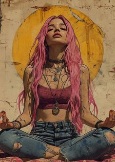 a painting of a woman with pink hair sitting in the middle of a yoga pose