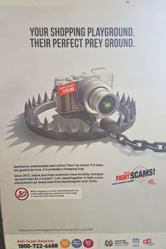 an advertisement for a video game with a camera attached to the back of it's chain