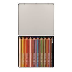 an open box of colored pencils on a white background