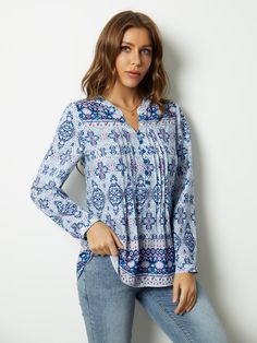 Multi Floral Printed V-neck Long Sleeve Shirt Casual V-neck Long Sleeve Top With Relaxed Fit, Casual Blouse With Notched Neckline For Spring, Casual Spring Blouse With Notched Neckline, Casual Blouse With Notched Neckline For Fall, Casual V-neck Printed Blouse, Casual Printed V-neck Blouse, Casual Cotton V-neck Long Sleeve Top, Casual Split Neck V-neck Top For Fall, Casual V-neck Split Neck Top For Fall