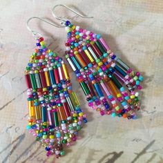 Small Beaded Confetti Fringe Seed Bead Earrings by WorkofHeart Safety Pin Jewelry Patterns, Safety Pin Jewelry, Hand Beaded Jewelry, Beaded Jewelry Earrings, Beaded Chandelier Earrings, Handmade Earrings Beaded, Beaded Earrings Patterns, Bead Work Jewelry, Earrings Beaded