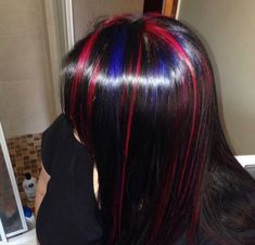 Blue And Red Highlights In Black Hair, Different Colored Highlights, Multi Dyed Hair, Red And Blue Streaks In Hair, Blue And Pink Highlights In Black Hair, Red And Blue Highlights In Brown Hair, Y2k Hair Color Curly, Tik Tok Pfps Y2k, Hair With Streaks Of Color