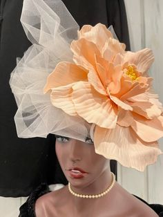 Ready to ship today from TN, USA!   I ship quickly and package safely in boxes. Follow this link for more beautiful and distinctive hat and fascinator choices at my shoppe https://www.etsy.com/shop/equineelan    This lightweight and gorgeous hat has a big bow of pale peach tulle for a Stunning and Original Look!  Classic but Couture! A true Kentucky Derby Hat.  The Flower measures 12 inches x 12 inches.  With Bow hat is larger. Color is Peach.   This "fascinator" hat attaches to your head with a Big Peach, Edwardian Wedding, Tea Hats, Kentucky Derby Fascinator, Bridal Tea Party, Derby Hats Fascinators, Occasion Hats, Derby Fascinator, Church Hat