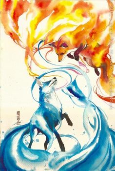 a watercolor painting of a fox and fire