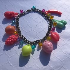 Fruit And Vegetable Salad Pastel Colored Plastic Charm Bracelet Retro Handmade Acrylic Sparkle Beads Charm Beaded Bracelet, Taste The Rainbow, Fun Color, Bead Charm Bracelet, Vegetable Salad, Charm Bracelets, Womens Jewelry Bracelets, Beaded Bracelet, Bead Charms