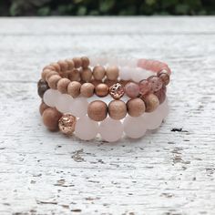 Rose Gold Beaded Bracelet, Rose Gold Stackable Rings, Blush Jewelry, Bracelet Stacking, Muted Pink, Rose Wood, Rose Quartz Beads, Soft Rose