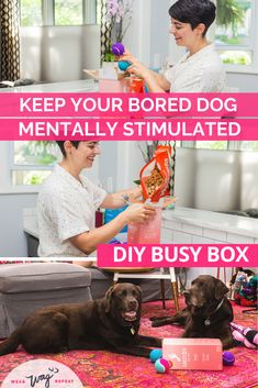 a woman is sitting on the floor with her dog and holding a box that says keep your bored dog mentally simulated diy busy box