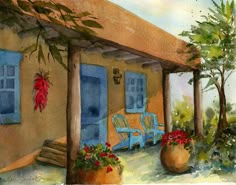 a watercolor painting of a porch with chairs and potted plants on the side