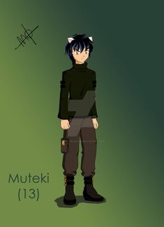 an anime character standing in front of a green background with the name muteki 13 on it