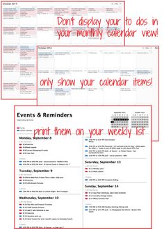 two calendars with the words, events and reminders in red on each page