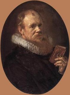 a painting of a man with a beard holding a book in his right hand and looking off into the distance