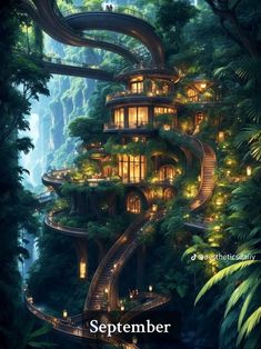 a tree house in the middle of a forest with stairs leading up to it and lights on