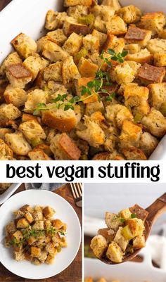 the best vegan stuffing is in a casserole dish and ready to be eaten