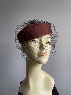 Great condition vintage cotton velvet ladies hat by Mitzi Lorenz boutique London. two tone brown/ mink/ taupe hat with face veil and bow at back.  Black hat elastic to hold in place.  worn best to the front of head slightly to the right or centre of head. Brown Brimmed Evening Hat, Evening Brown Brimmed Hat, Adjustable Brown Hats For Evening, Mini Hats, Face Veil, Ladies Hat, Velvet Hat, Wedding Fascinators, Cocktail Hat