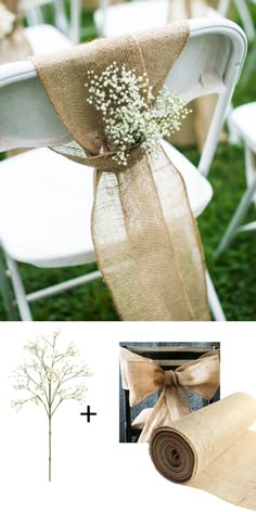 the chair is decorated with burlock and baby's breath flowers as well