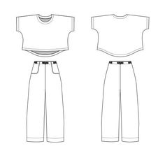 the front and back views of a women's top, pants and t - shirt