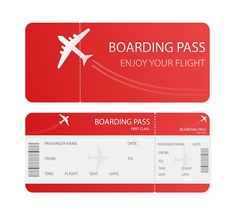 two boarding cards with an airplane on the top and bottom one is red, while the other is white