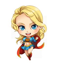 a cartoon girl with blonde hair and blue eyes is flying through the air while wearing a red cape