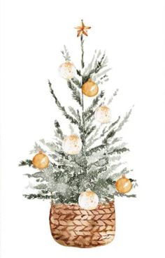 a watercolor painting of a christmas tree in a basket with ornaments on the top