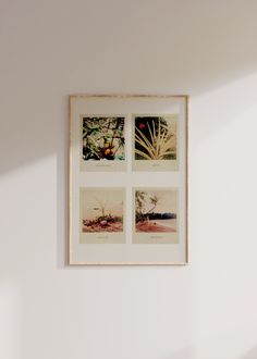 four framed pictures hang on the wall above a bed in a room with white walls