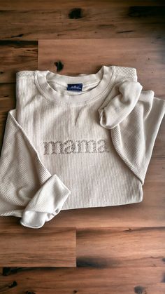 Time to get comfy! This embroidered sweatshirt will be your new favorite with the embroidered mama font in a warm neutral to match the sweatshirt.  -Sizes available: Adult Small - Adult 2XL  -Fit: oversized -Material: 100% cotton, corded fabric  -Machine embroidered  -design centered on chest Grandma Sweatshirt, Mama Sweatshirt, Embroidered Sweatshirt, Mom Outfits, Embroidered Sweatshirts, Mom Style, Comfy Outfits, Mother's Day Gift, Maternity Clothes