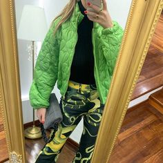 F00147994-202 Green Long Sleeve Puffer Outerwear, Green Long Sleeve Puffer Jacket For Fall, Padded Jacket Women, Summer Tie Dye, Lace Bra Set, Women Outerwear, Todays Outfit, Casual Fit, Cotton Pads