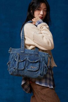 BDG Y2K Denim Tote Bag Jeans Tote Bag, Everyday Carry Bag, Winter Photoshoot, Bdg Jeans, Carryall Tote, Y2k Denim, Denim Pocket, Denim Tote Bags, Canvas Messenger Bag